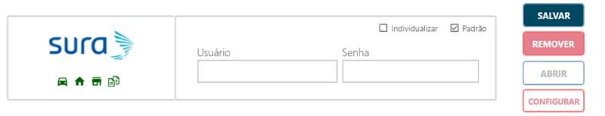 Localize a SURA e informe seu usuário. No primeiro acesso à SURA na Agger, a tela de configuração exibe apenas os campos Usuário e Senha.