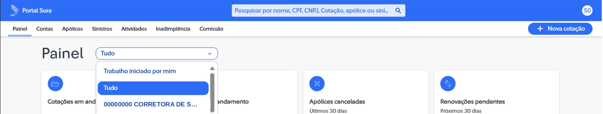 Informe o Código Corretor SURA. Você encontra o código na Home do Portal SURA, no menu suspenso ao lado de "Painel". Informe também as credenciais do Portal SURA.